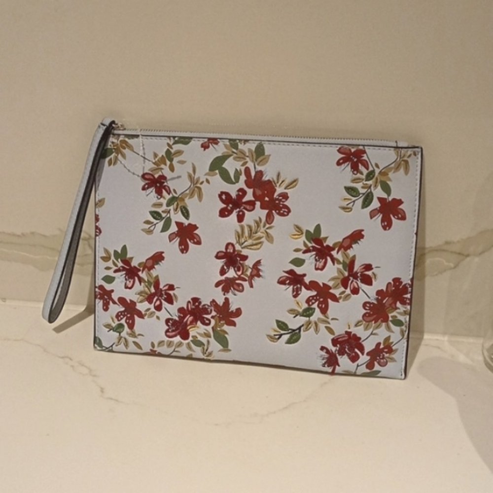 MANGO Blue Red Floral Embroidered Wristlet Clutch Zip Purse